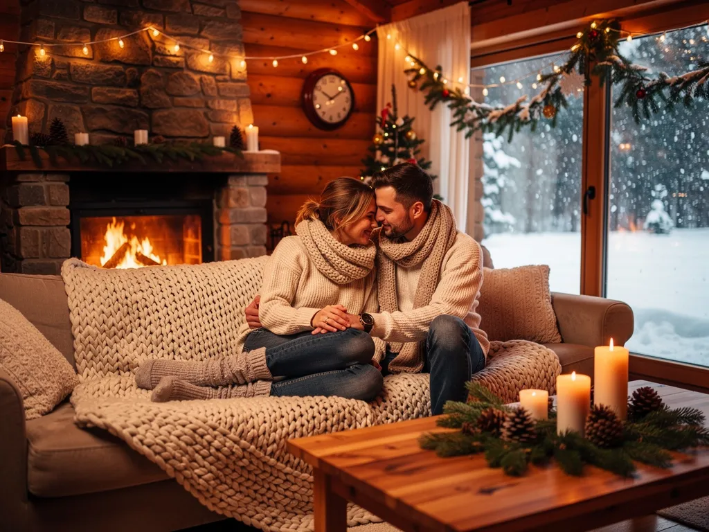 Couple dans une maison de campagne en hiver, cheminée allumée, soirée du Nouvel An, ambiance romantique et calme, décor naturel, vêtements cosy, réalisme photo