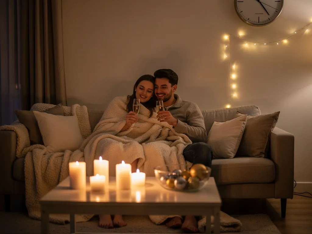 Couple dans un intérieur cosy, table de réveillon minimaliste, bougies, plaids, ambiance cocooning, soirée du 31 décembre