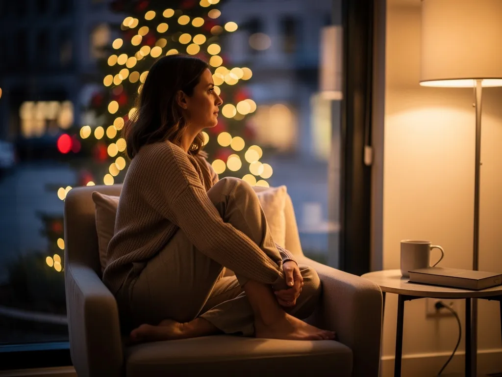 Femme seule regardant par la fenêtre pendant la nuit de Noël, ambiance calme et introspective loin des clichés festifs
