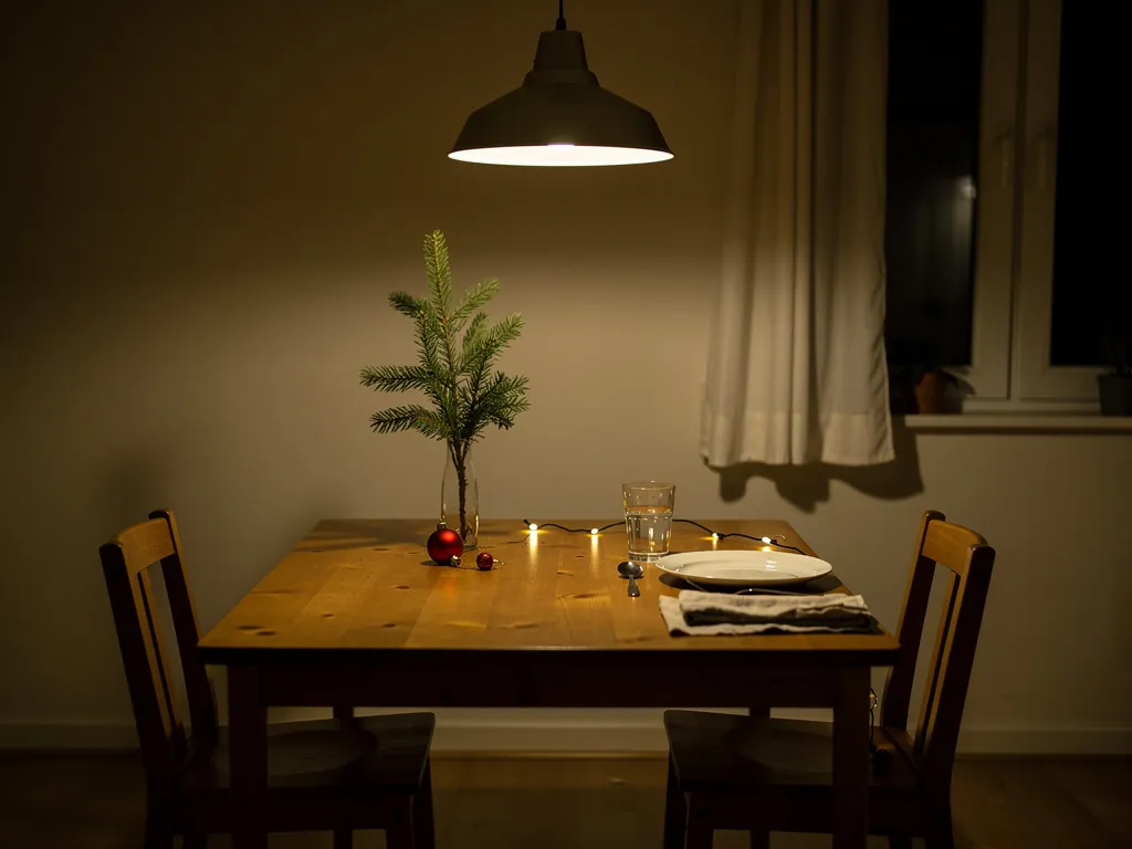 Table simple dressée pour une personne le soir de Noël, ambiance intime et réaliste sans mise en scène festive excessive