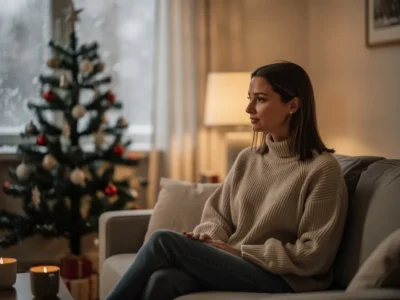 Femme seule le soir de Noël dans un intérieur calme et chaleureux, ambiance hivernale réaliste loin des clichés publicitaires