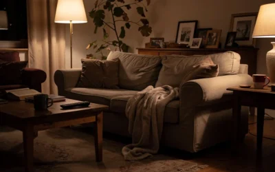 Salon chaleureux et lumineux préparé simplement pour recevoir des invités sans stress, ambiance conviviale et maison habitée