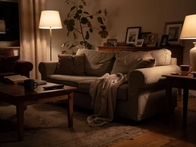 Salon chaleureux et lumineux préparé simplement pour recevoir des invités sans stress, ambiance conviviale et maison habitée