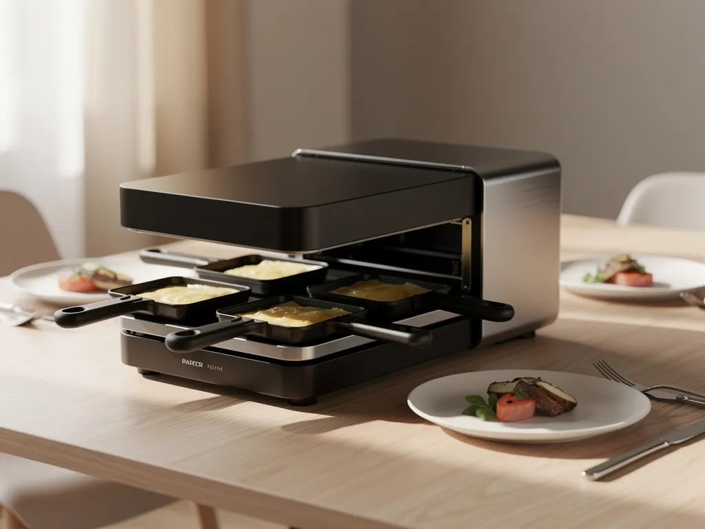 Appareil à raclette moderne sur table, design sobre, plaque chaude, accessoires rangés, prêt pour une tablée familiale nombreuse