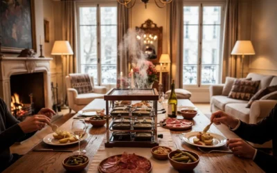 Table de raclette familiale en hiver, fromages fondus, pommes de terre et rires, ambiance chaleureuse à la maison