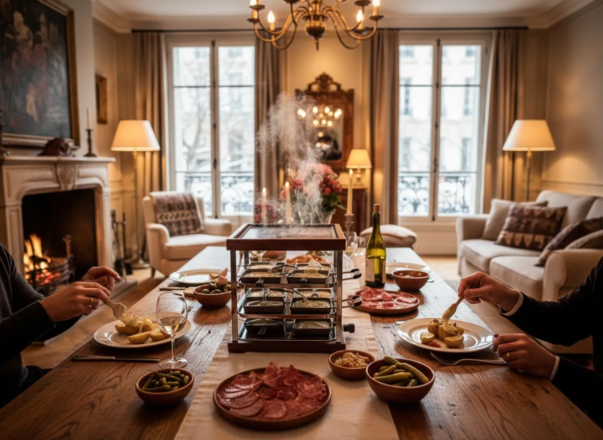 raclette-cuisine-famille (2) Table de raclette familiale en hiver, fromages fondus, pommes de terre et rires, ambiance chaleureuse à la maison