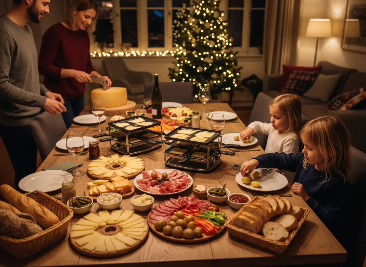 une belle scène familiale ou parents et enfants participent à la raclette