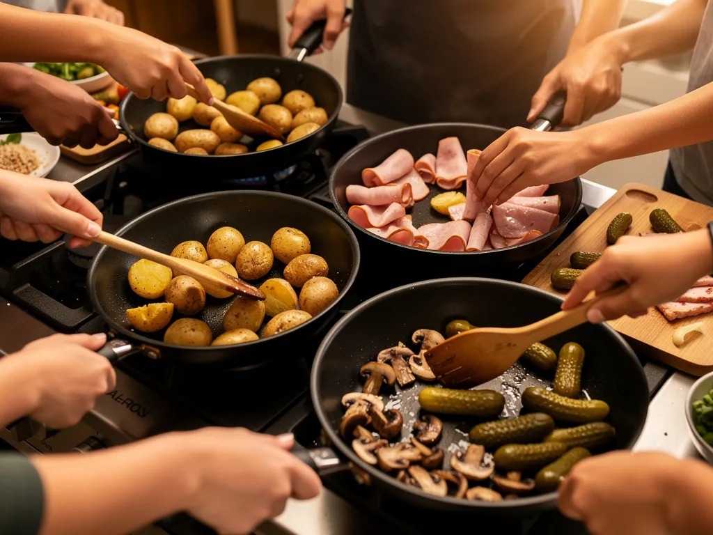 Mains de plusieurs personnes autour de poêles en service, préparation préalable raclette, ingrédients variés prêts à composer son assiette