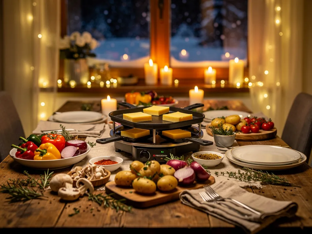 Table d’hiver préparée pour une soirée raclette avec lumière douce, bougies, légumes rôtis et appareil à raclette dans une ambiance chaleureuse.