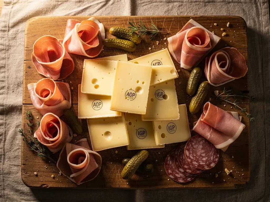 Sélection de fromages AOP et IGP pour raclette disposés sur une planche en bois avec charcuteries et pickles dans une ambiance terroir française.