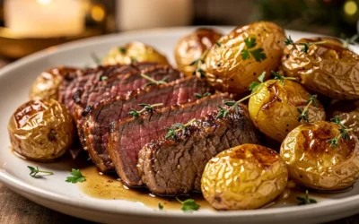 Filet mignon rôti au four avec pommes de terre grenaille dorées, plat de Nouvel An simple, chaud et très gourmand