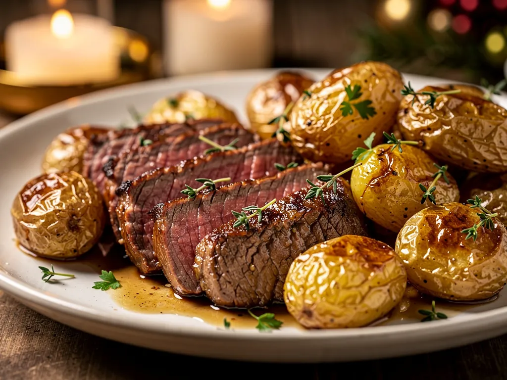 repas menu nouvel an facile Filet mignon rôti au four avec pommes de terre grenaille dorées, plat de Nouvel An simple, chaud et très gourmand