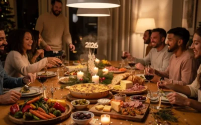 repas-nouvel-an-entre-amis-facile-rapide (3) Groupe d’amis réunis autour d’une table pour le Nouvel An, repas simple à partager, ambiance conviviale et détendue, rires, intérieur chaleureux,