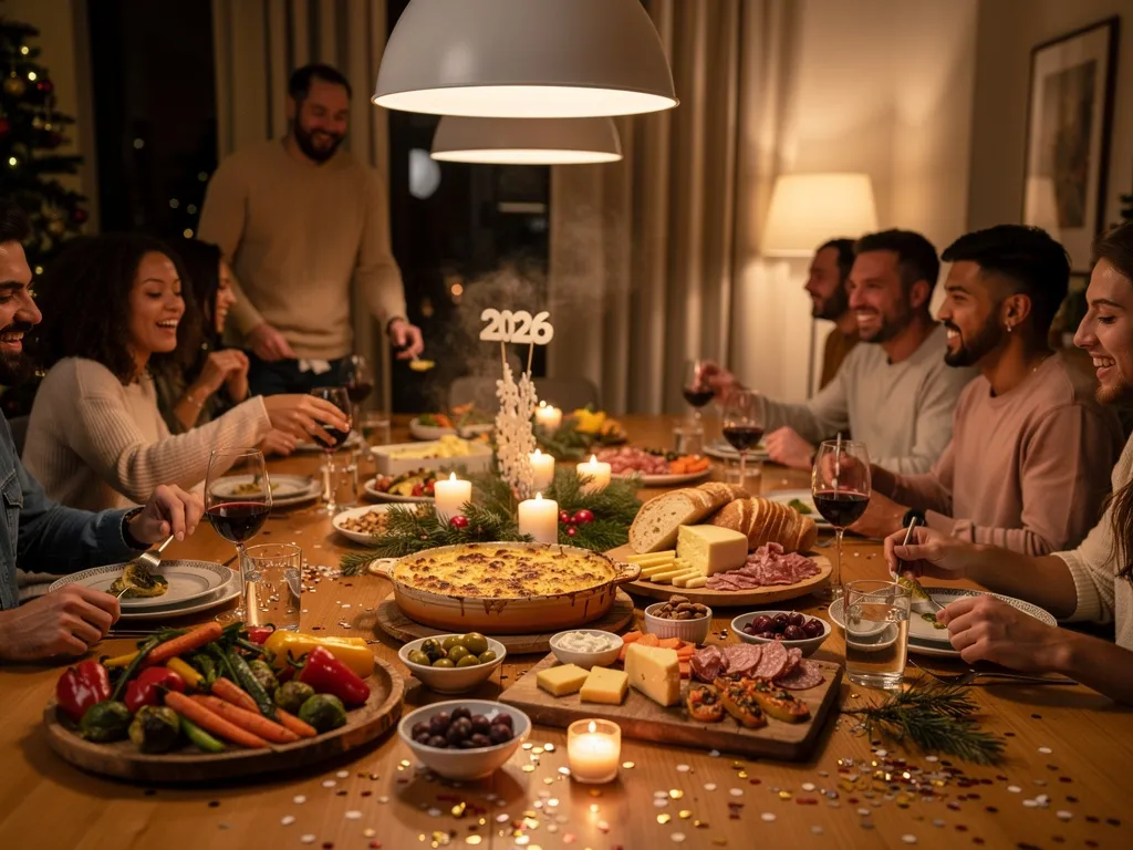 Groupe d’amis réunis autour d’une table pour le Nouvel An, repas simple à partager, ambiance conviviale et détendue, rires, intérieur chaleureux,