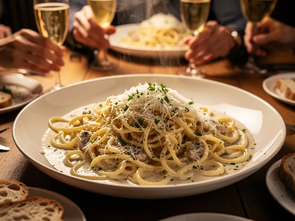 .Plat de pâtes crémeuses à partager pour un repas du Nouvel An entre amis