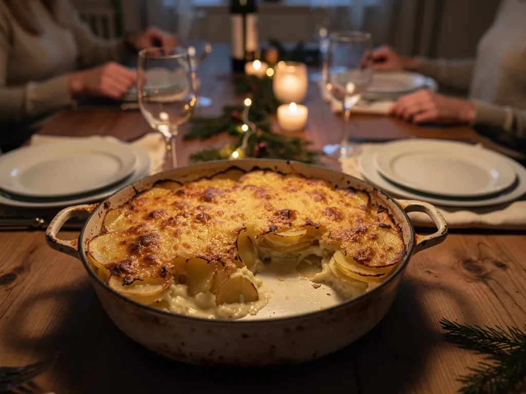 Gratin de pommes de terre au four plat familial pour repas du Nouvel An entre amis