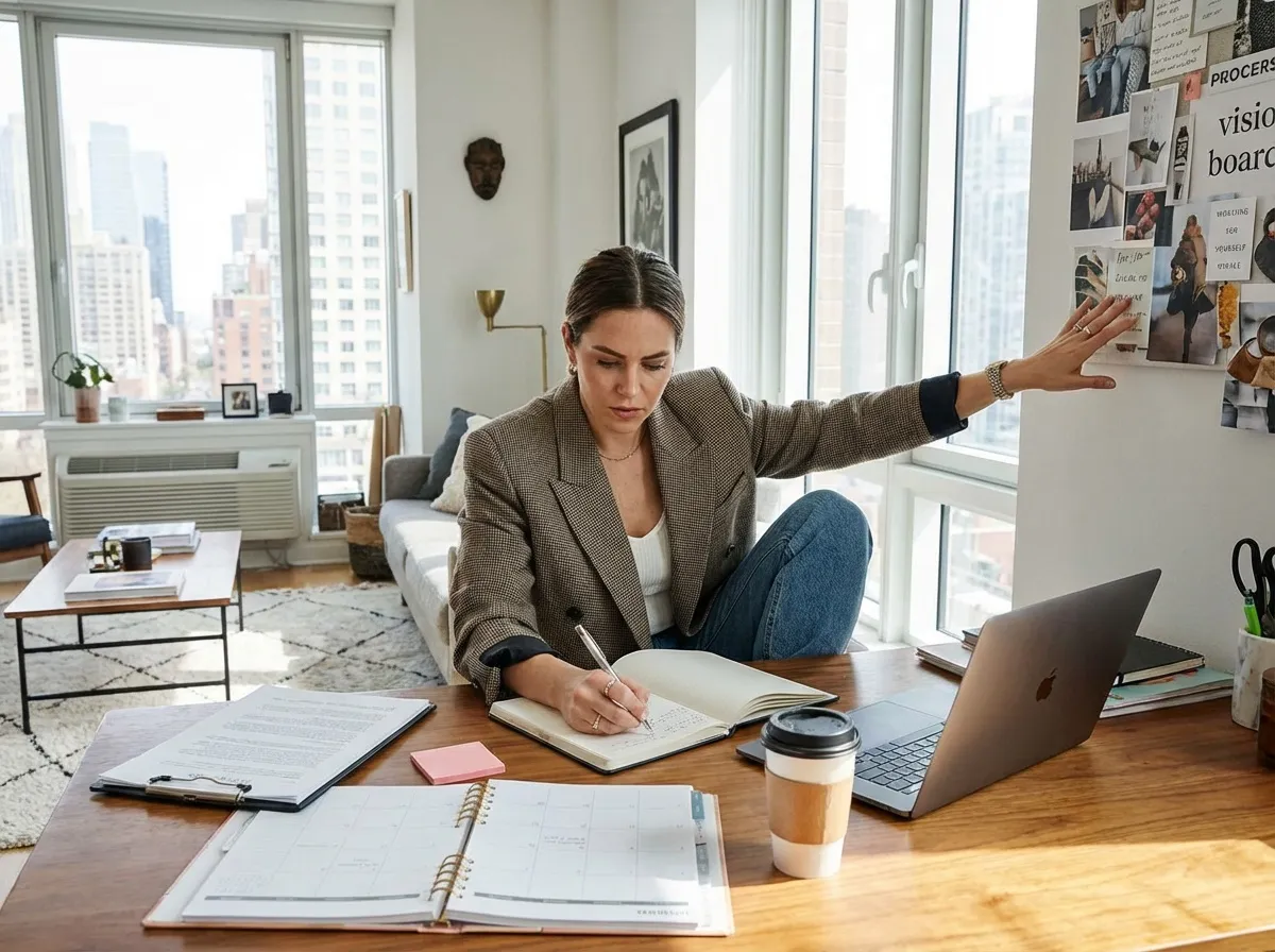 une femme dans son bureau qui travaille sur son projet avec joie et énergie