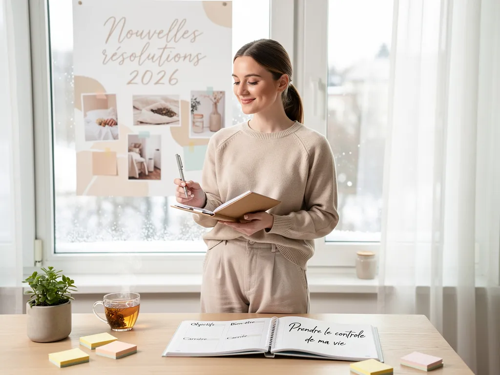 resolutions femme nouvel an (2) Femme dans son bureau établit résolutions nouvel an 2026