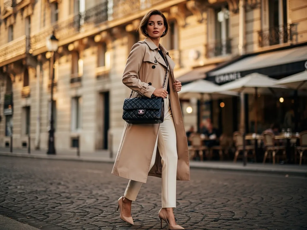 Sac de luxe d’occasion porté par une femme dans une rue parisienne, cuir noir intemporel, style chic et moderne.