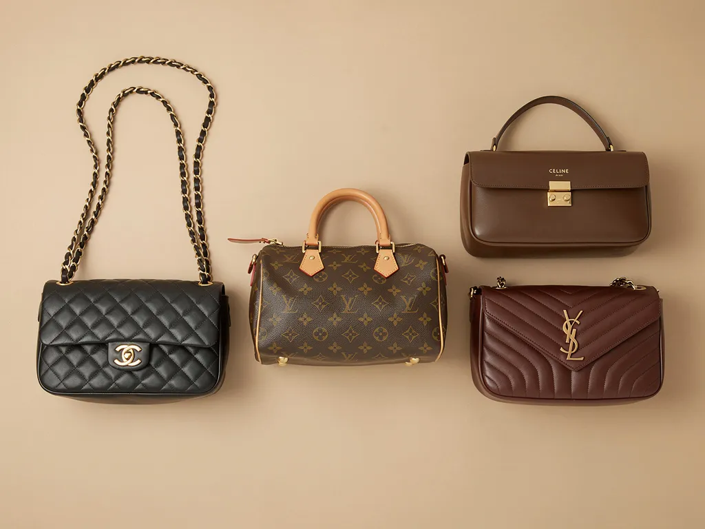 Sélection de sacs de luxe intemporels recherchés en occasion, Chanel, Louis Vuitton, Celine, Saint Laurent, tons beige élégants.