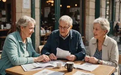 trois personnes agées discutent en terrasse de assurance santé Trois personnes agees discutent en terrasse de assurance sante