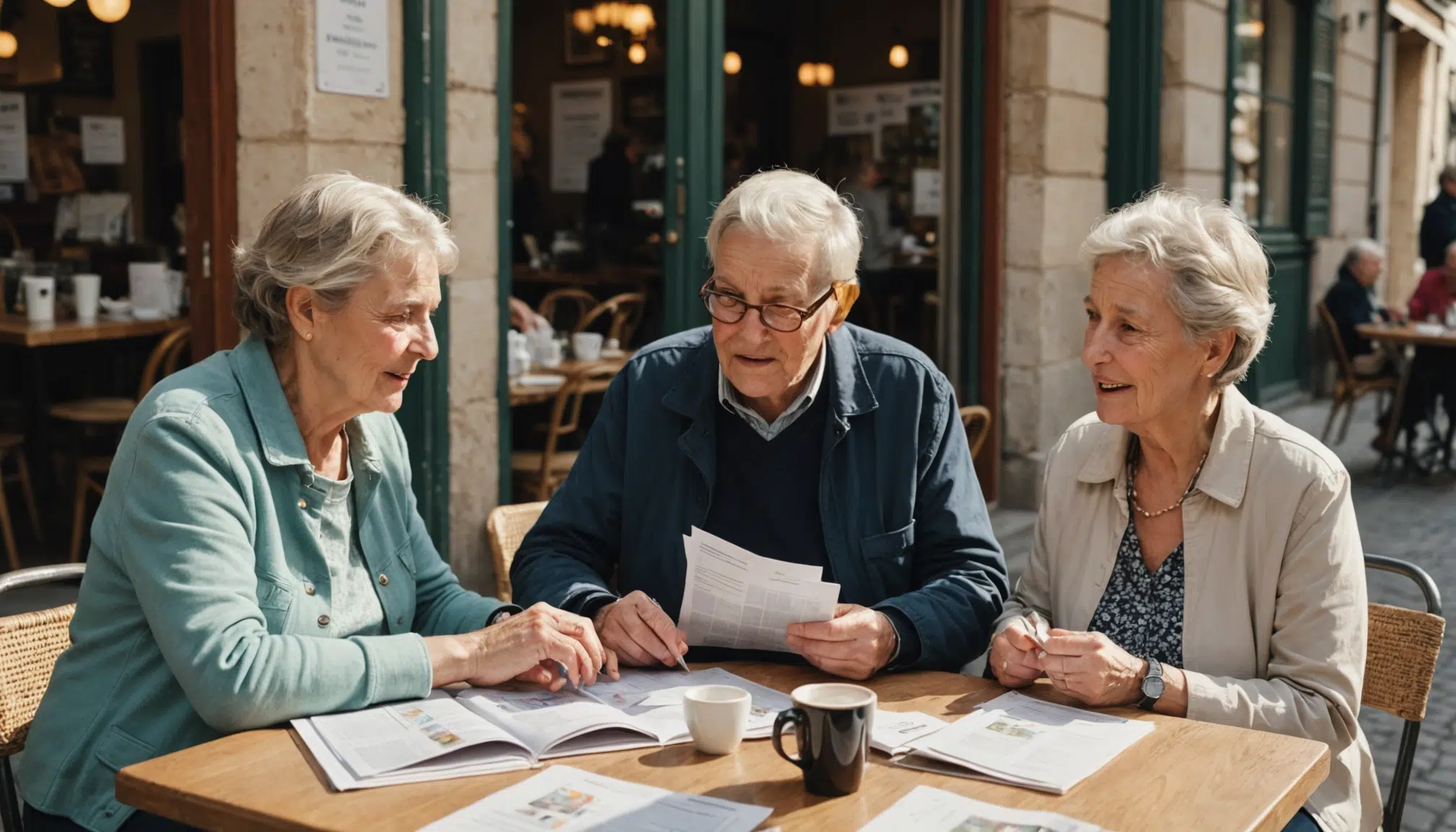 Trois personnes agees discutent en terrasse de assurance sante