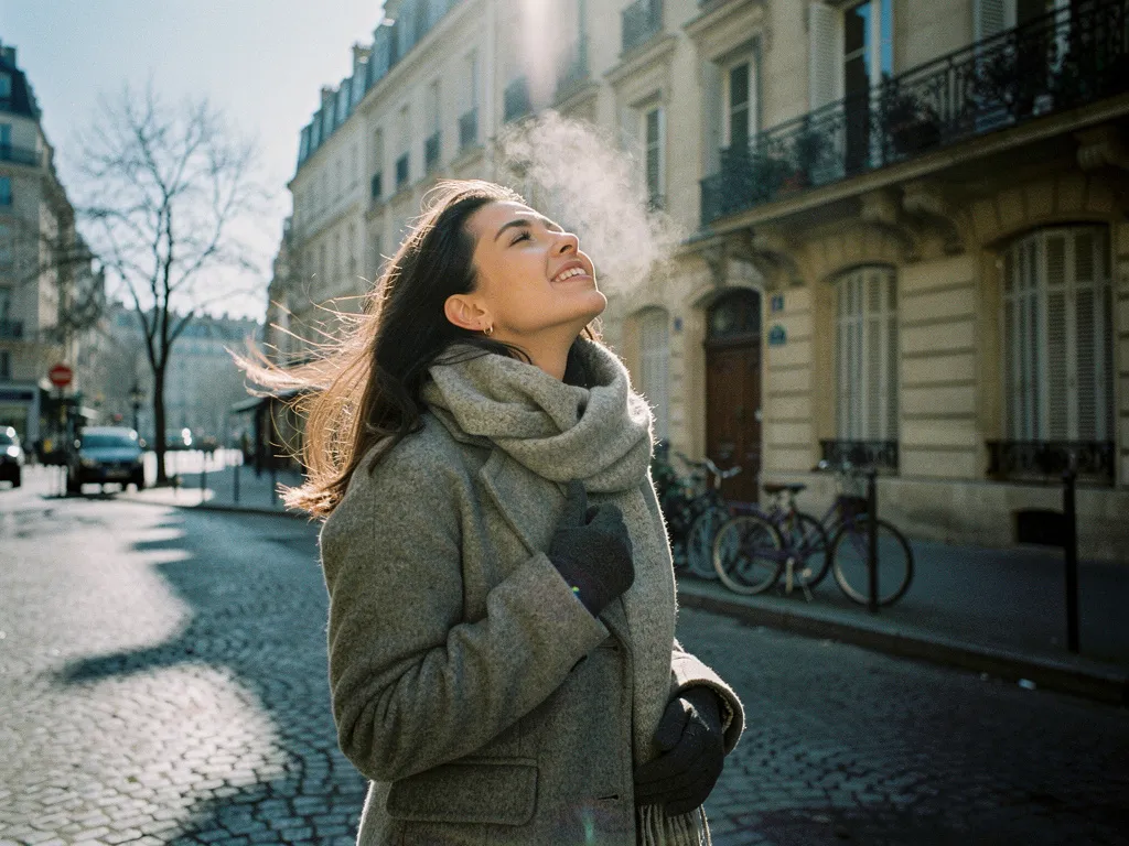 Femme profitant d’un rare rayon de soleil en hiver, rappelant l’importance d’une exposition même courte à la lumière naturelle