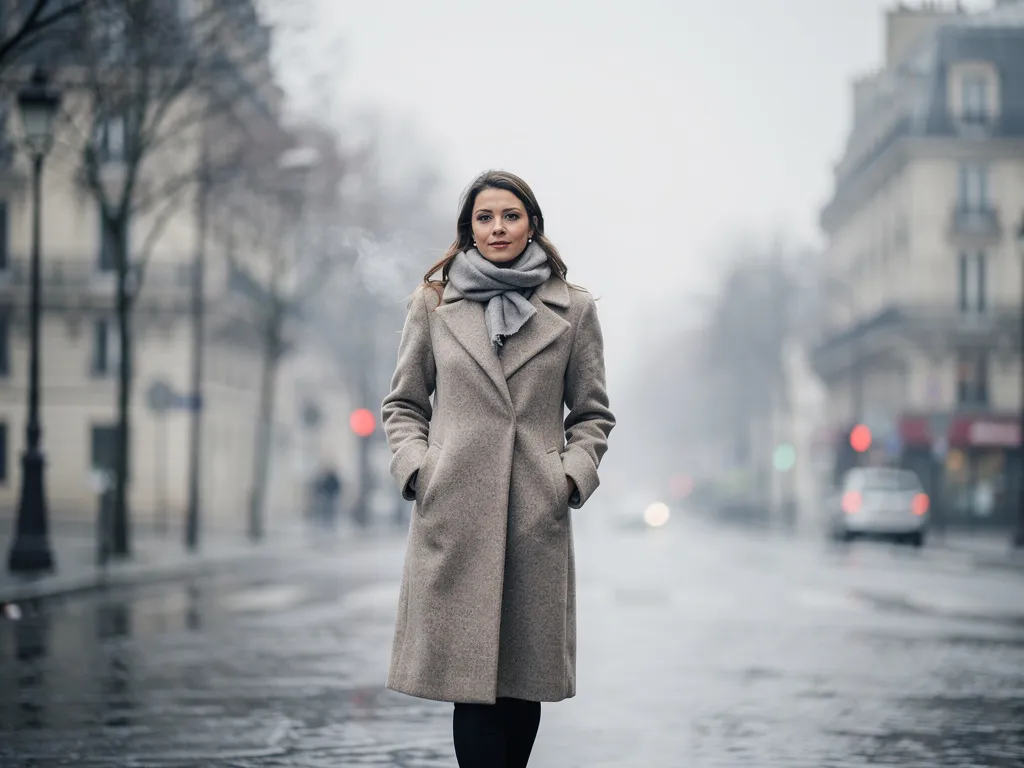 Femme avançant dans une rue en décembre sous une lumière d’hiver très faible, illustrant le manque naturel d’ensoleillement de la saison.