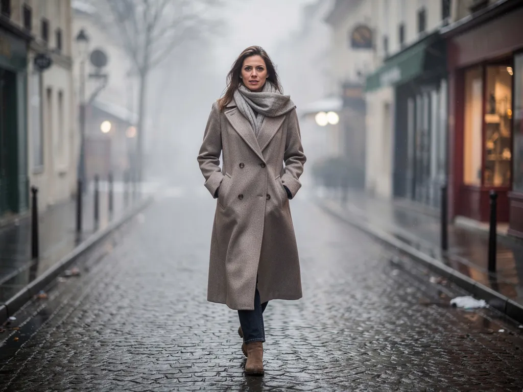 Femme marchant en décembre sous un ciel gris, illustrant la faible exposition solaire typique de l’hiver en France