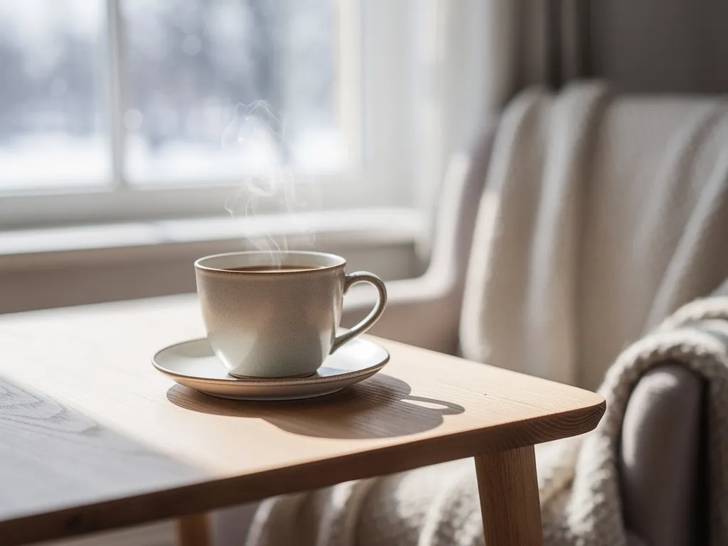 Tasse chaude posée près d’une fenêtre lumineuse en hiver, symbole des rituels qui aident à mieux traverser la saison sombre