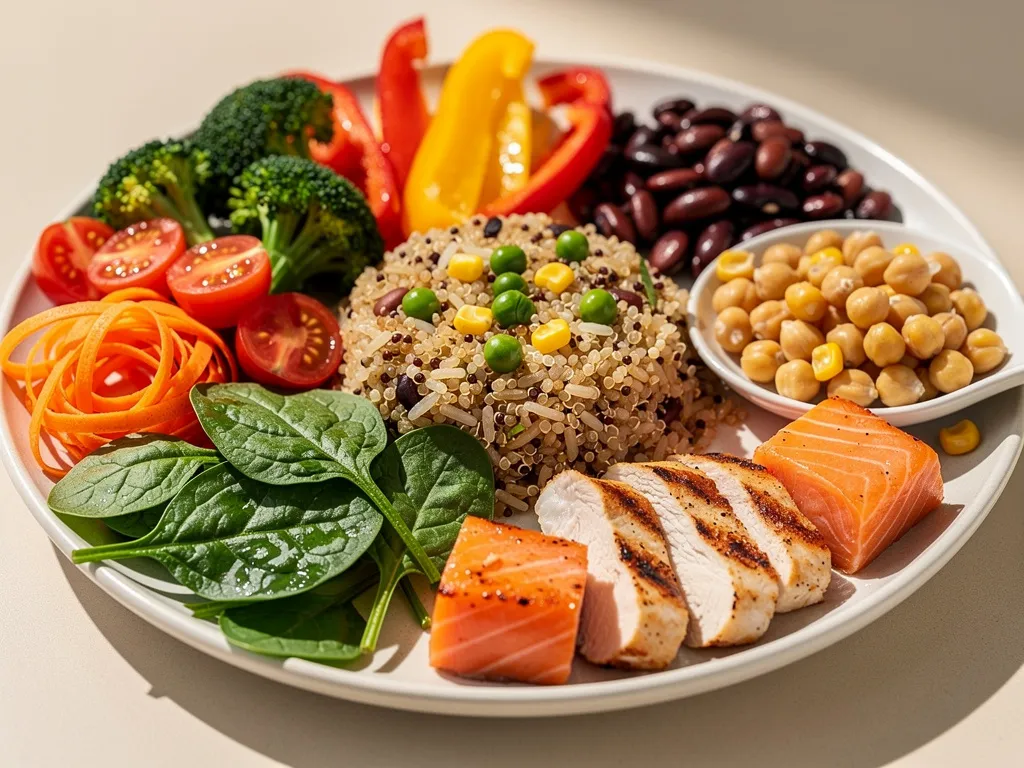 Gros plan sur une assiette colorée et variée montrant légumes, céréales et protéines, sources naturelles de micronutriments