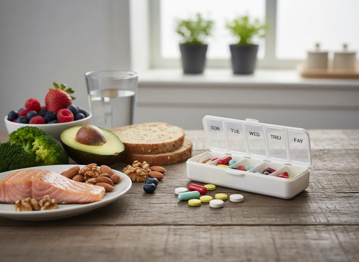 Boîte à pilules ouverte à côté d’aliments simples, illustrant le choix entre compléments et alimentation quotidienne équilibrée