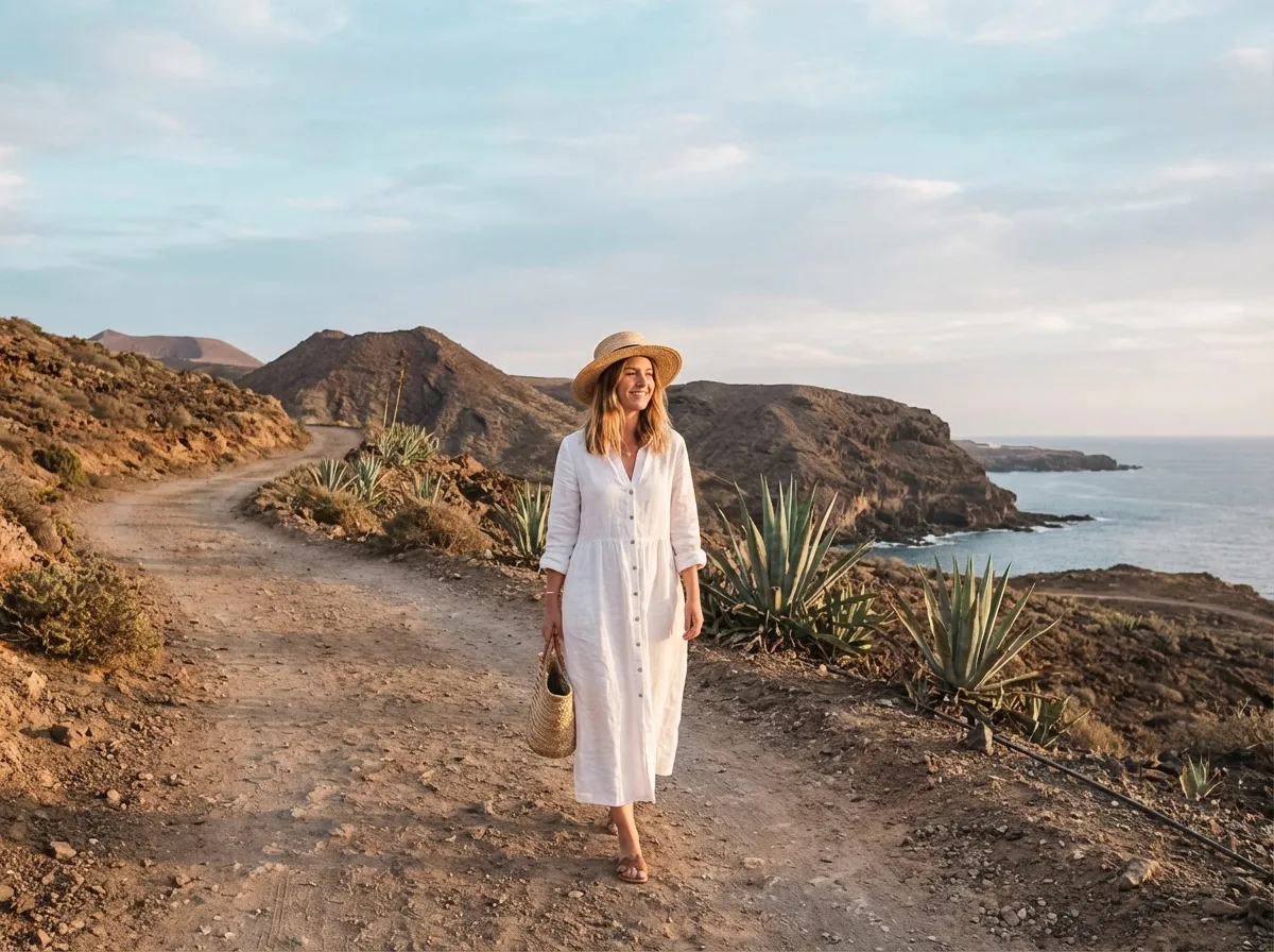 femme se balade au bord de mer, voyage aux Canaries en janvier avec lumière douce et climat agréable, destination idéale pour chercher le soleil en hiver