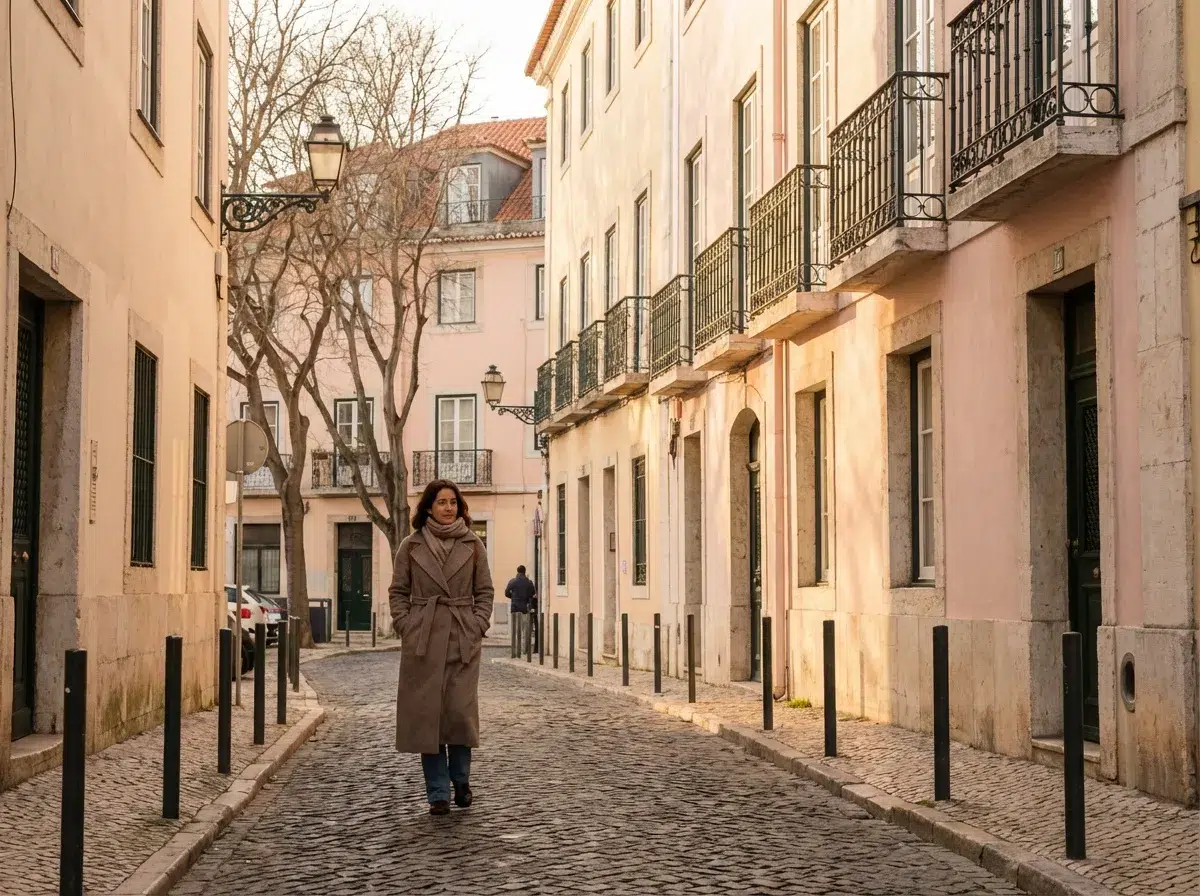 femme se promenant dans Rues de Lisbonne en hiver, femme marchant tranquillement, lumière dorée, façades claires, atmosphère calme et élégante, voyage urbain hors saison
