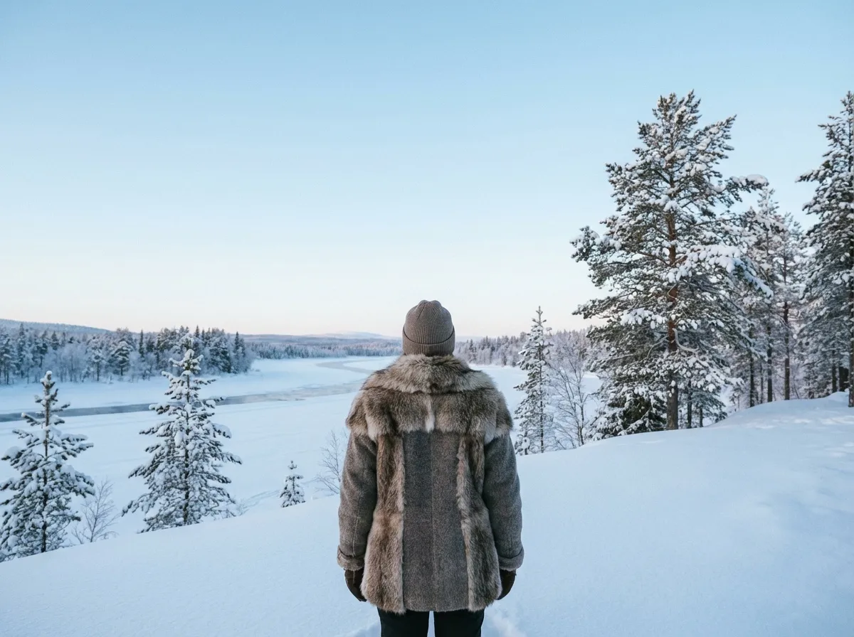 Paysage de Laponie en janvier, neige immaculée, femme seule de dos, manteau chaud,