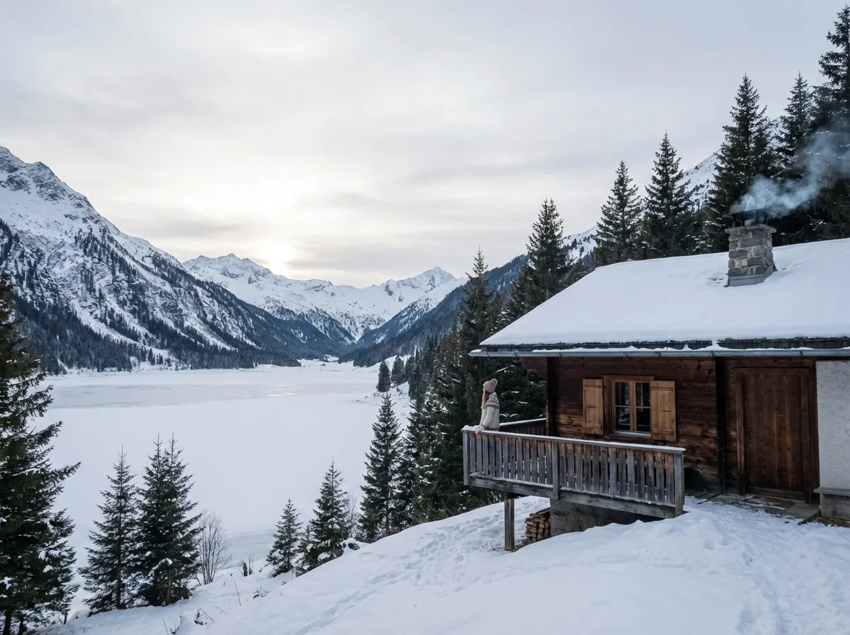 Montagne enneigée en janvier hors vacances scolaires, chalet discret, femme regardant le paysage,