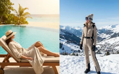 Où partir en janvier (6) Collage deux images, choix vacance femme en janvier, une image vacances ensoleillées, une image femme vacance montagne magnifique neige