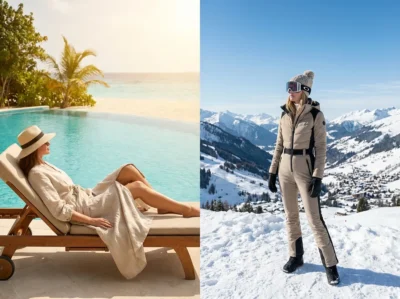 Collage deux images, choix vacance femme en janvier, une image vacances ensoleillées, une image femme vacance montagne magnifique neige