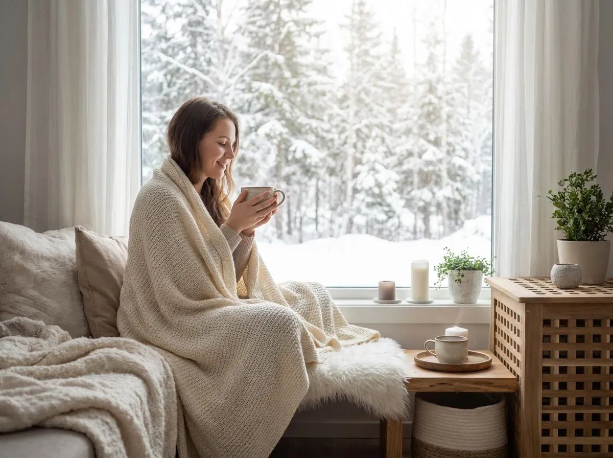Femme en séjour bien-être en hiver, lumière naturelle entrant par une fenêtre, ambiance cocooning élégante