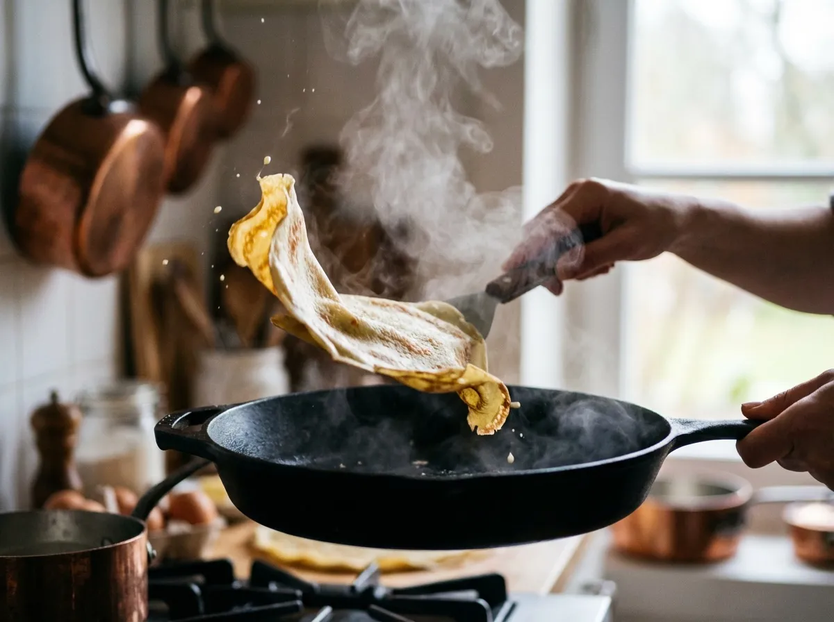 Retournement d'une crêpe à la poêle avec spatule en action de cuisson