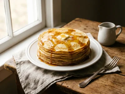 Stack de crêpes dorées empilées avec beurre fondu et sirop d'érable pour la Chandeleur