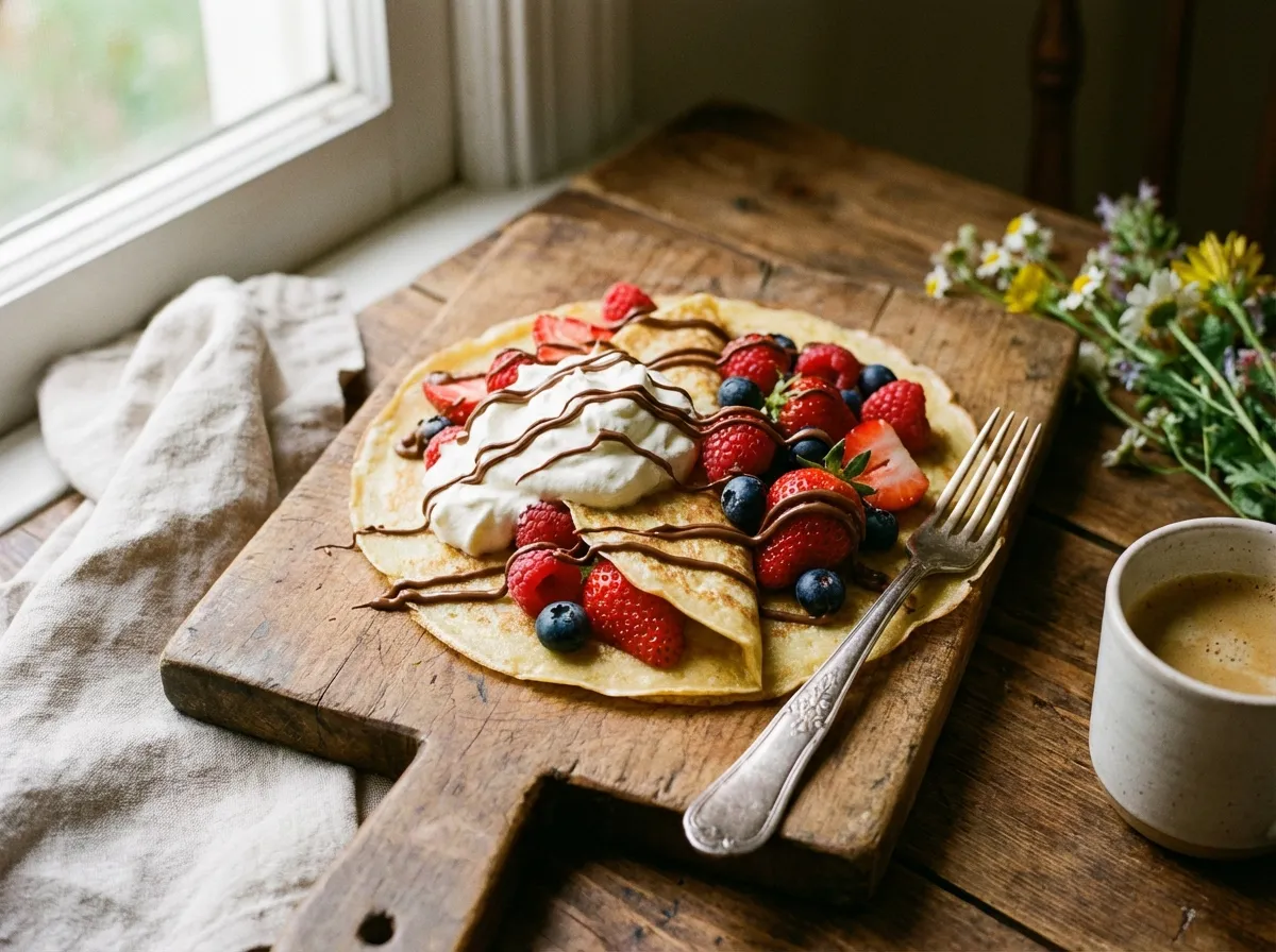 Crêpe garnie de fruits frais, crème fouettée et pâte à tartiner sur table rustique