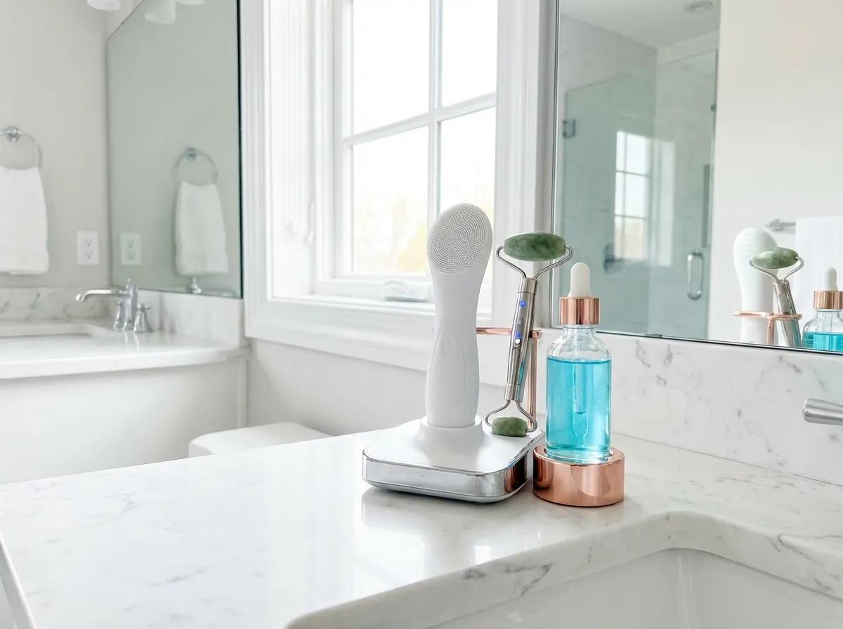 Accessoires beauté high-tech sur une coiffeuse avec brosse nettoyante, roller visage et sérum, ambiance salle de bain lumineuse