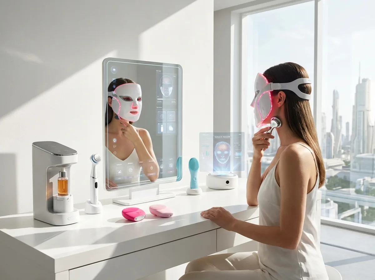 Routine beauté high-tech avec masque LED et avec accessoires visage modernes sur coiffeuse lumineuse