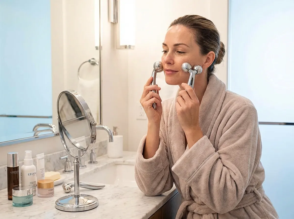 femme utilise Rollers faciaux cryogéniques réfrigérants pour soin peau