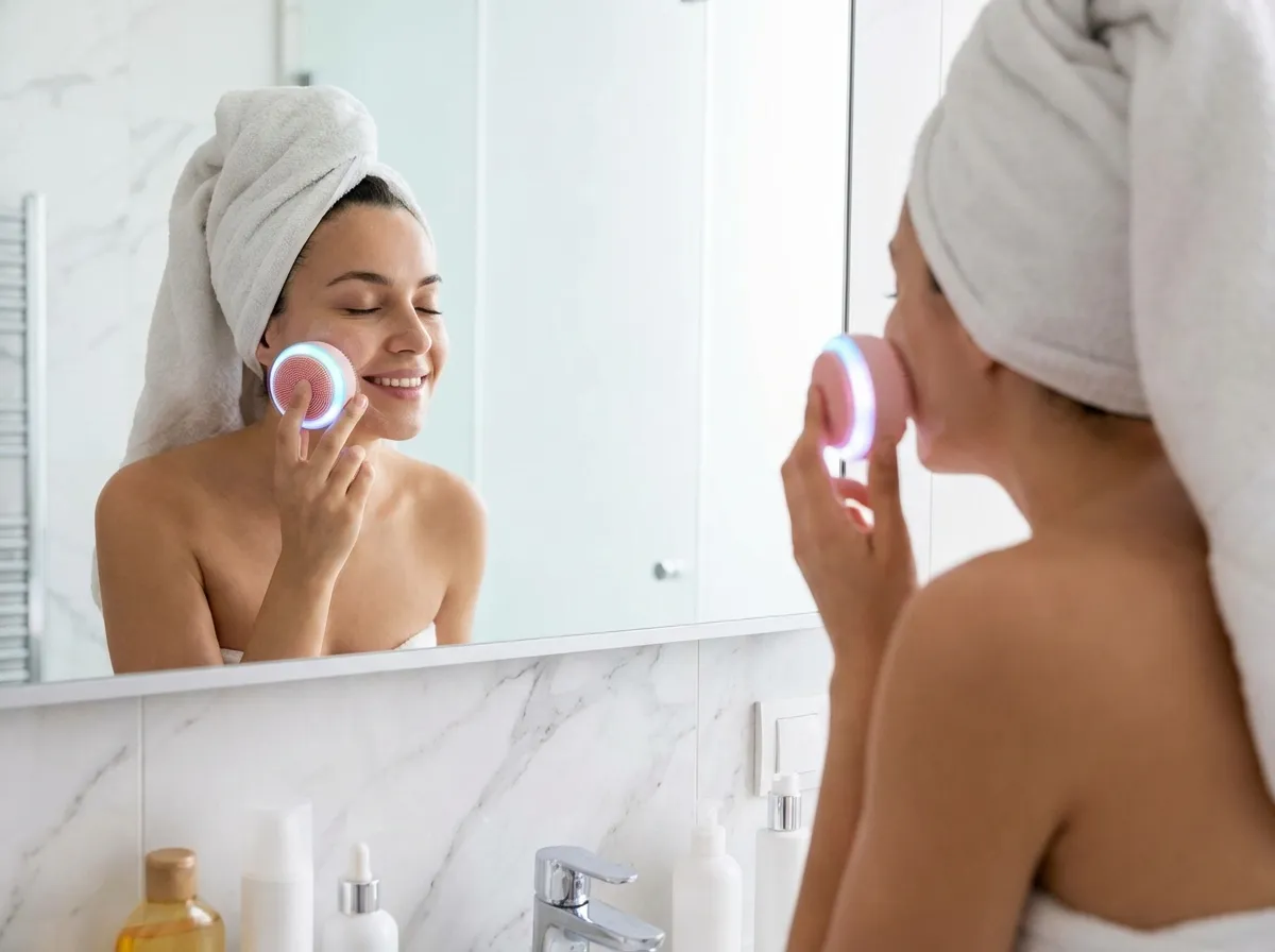 femme utilise Brosses nettoyantes intelligentes pour soin peau