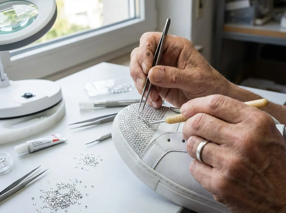 Gros plan mains d'artisan appliquant cristaux Swarovski sur baskets blanches avec outils de précision