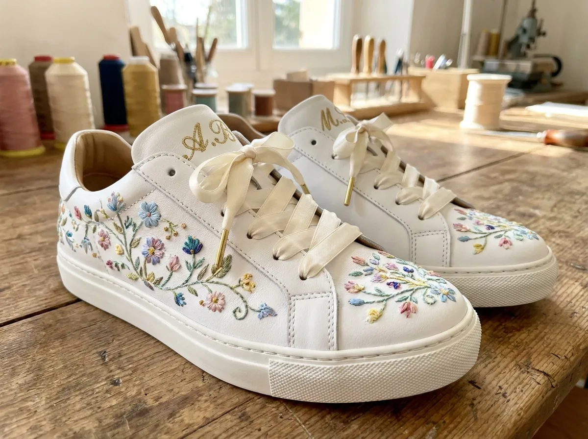 Baskets blanches personnalisées avec broderies colorées délicates et initiales dorées sur la languette