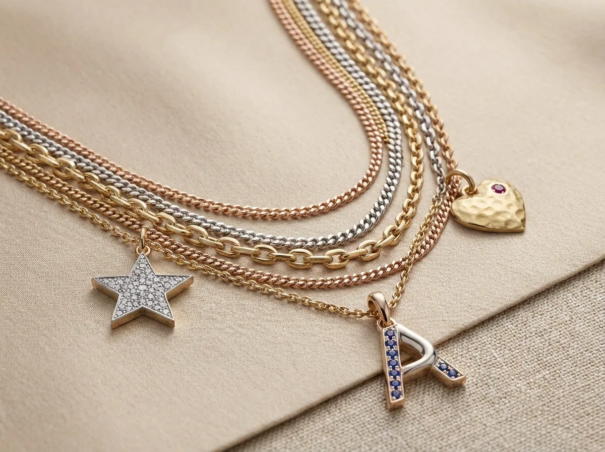 Collier à composer avec charms symboliques et layering de chaînes, bijou tendance 2026 personnalisable et chic