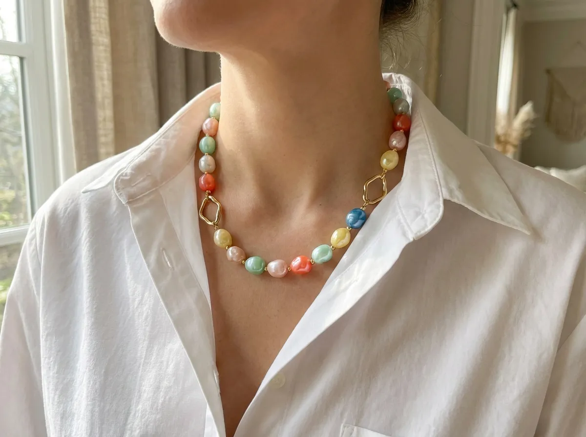 Collier de perles résine colorées avec touches dorées, bijou pop chic tendance facile à porter au quotidien